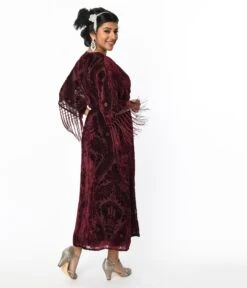 Unique Vintage Burgundy Velvet Floral Burnout Wrap Midi Dress -Pleaser Clothing Store unique vintage burgundy velvet floral burnout wrap midi dress 368567