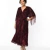 Unique Vintage Burgundy Velvet Floral Burnout Wrap Midi Dress