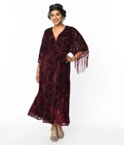 Unique Vintage Burgundy Velvet Floral Burnout Wrap Midi Dress