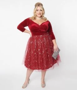 Unique Vintage Burgundy Velvet & Tulle Silver Stars Marceline Swing Dress