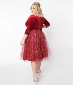 Unique Vintage Burgundy Velvet & Tulle Silver Stars Marceline Swing Dress -Pleaser Clothing Store unique vintage burgundy velvet tulle silver stars marceline swing dress 618438