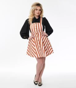 Unique Vintage Burnt Orange & White Stripe Snap Front Pinafore -Pleaser Clothing Store unique vintage burnt orange white stripe snap front pinafore 863257