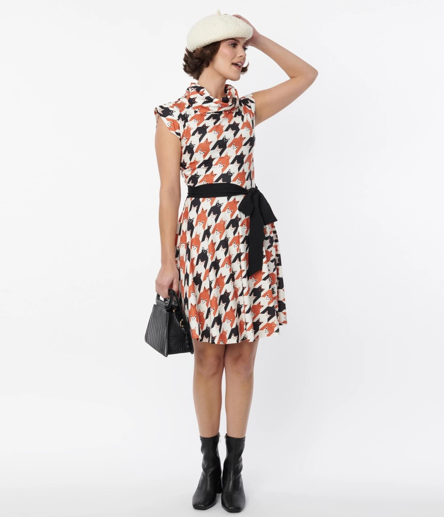 Unique Vintage Cat Houndstooth Fit & Flare Dress 1 Unique Vintage Cat Houndstooth Fit & Flare Dress