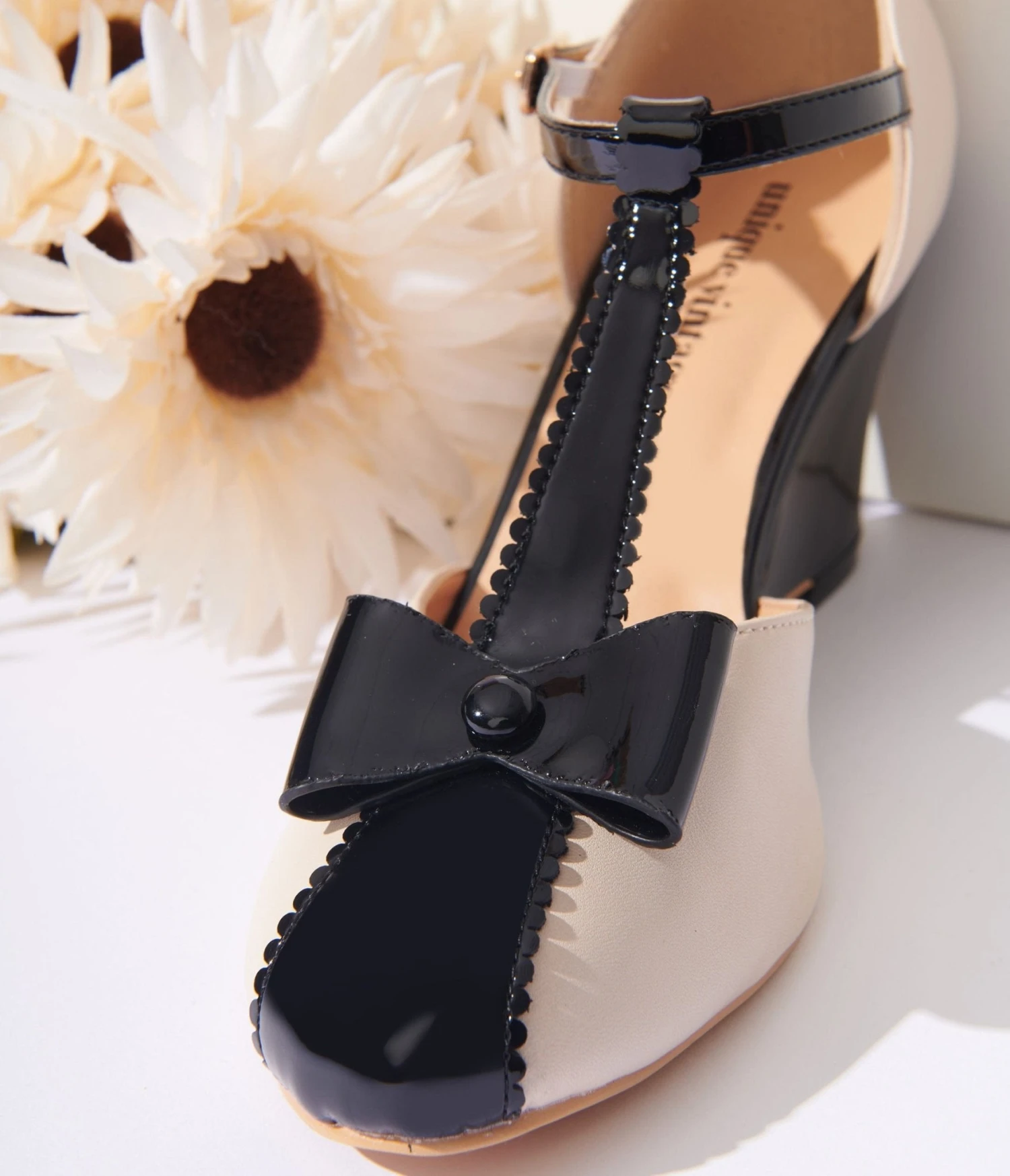 Unique Vintage Cream & Black Bow T-Strap Wedges 3 Unique Vintage Cream & Black Bow T-Strap Wedges - Image 3