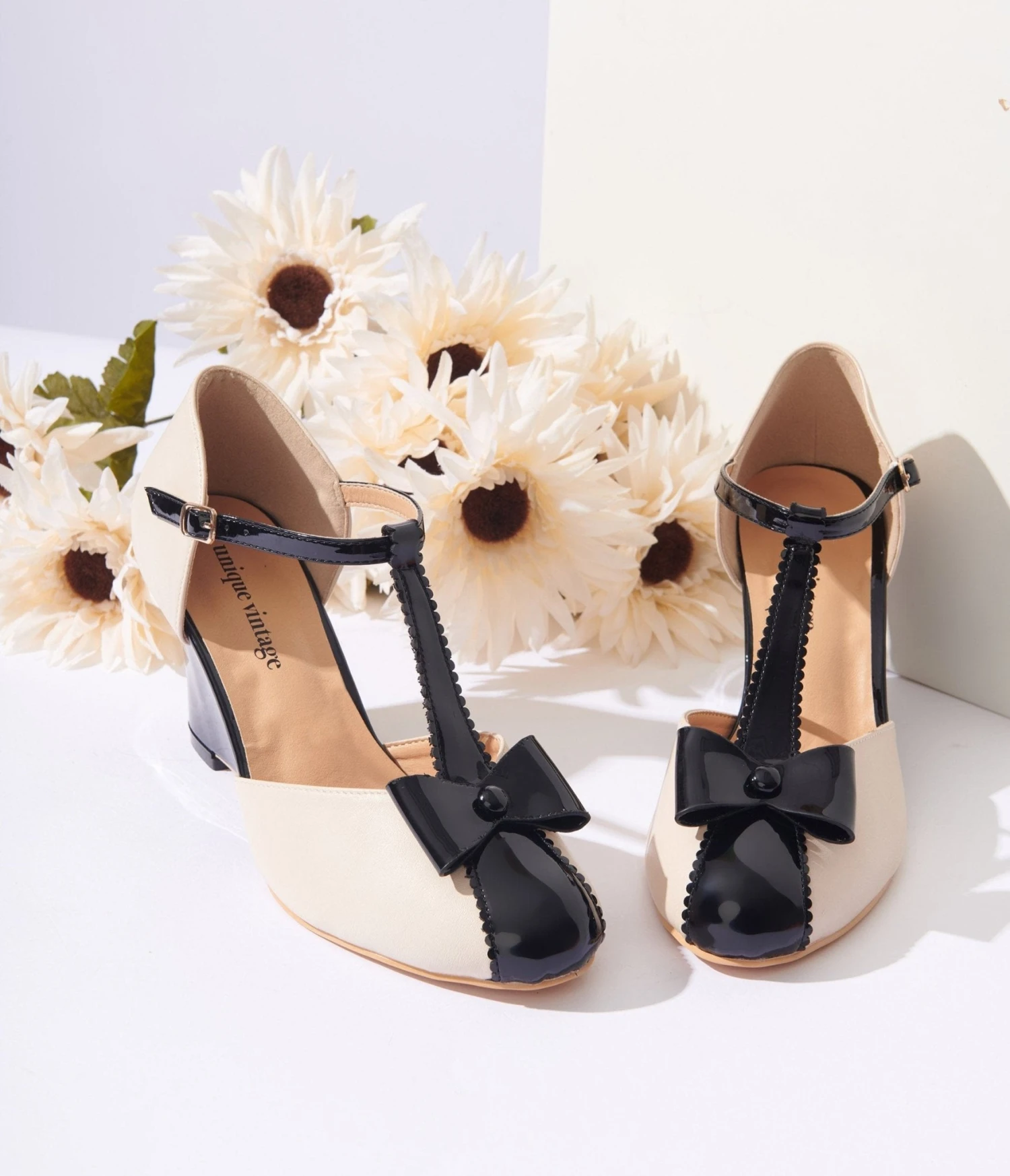 Unique Vintage Cream & Black Bow T-Strap Wedges 2 Unique Vintage Cream & Black Bow T-Strap Wedges - Image 2