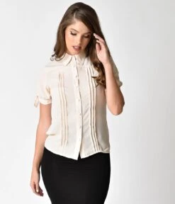 Unique Vintage Cream Short Sleeve Colvin Blouse 8 Unique Vintage Cream Short Sleeve Colvin Blouse -Pleaser Clothing Store unique vintage cream short sleeve colvin blouse 857886