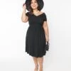 Unique Vintage Curve Black Shirred Swing Dress