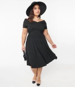 Unique Vintage Curve Black Shirred Swing Dress -Pleaser Clothing Store unique vintage curve black shirred swing dress 944831