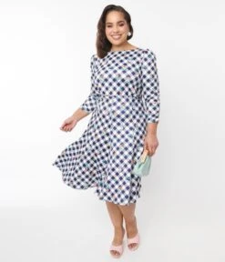 Unique Vintage Curve Navy & White Floral Gingham Swing Dress -Pleaser Clothing Store unique vintage curve navy white floral gingham swing dress 689108
