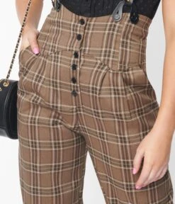 Unique Vintage Dark Beige Windowpane Thelma Suspender Pants -Pleaser Clothing Store unique vintage dark beige windowpane thelma suspender pants 769514
