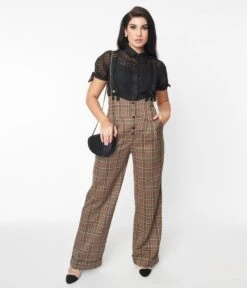 Unique Vintage Dark Beige Windowpane Thelma Suspender Pants