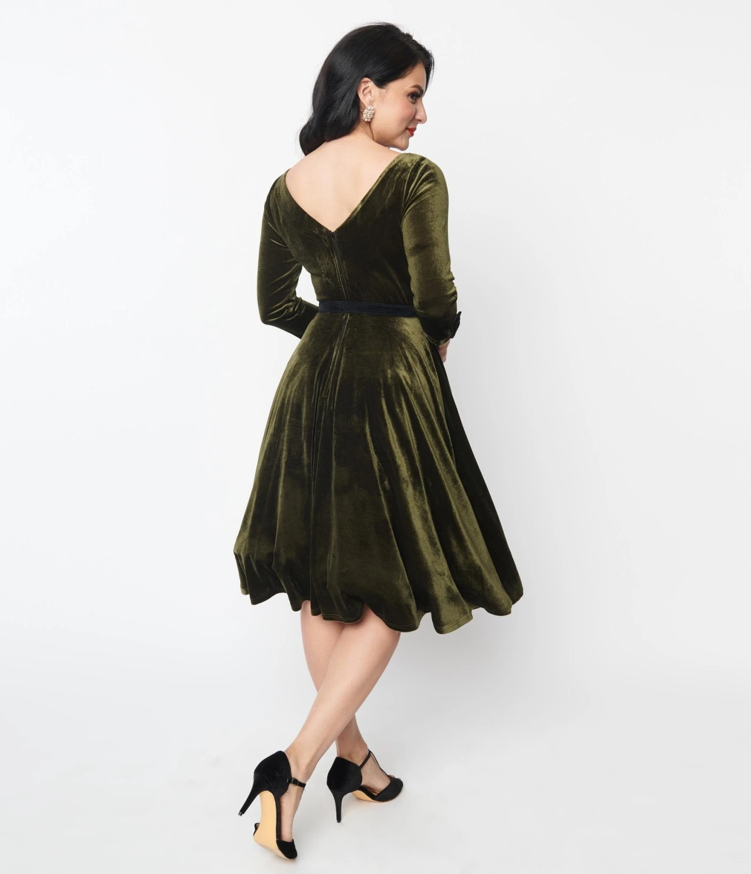 Unique Vintage Deep Olive Green Velvet Faux Bow Devon Swing Dress 3 Unique Vintage Deep Olive Green Velvet Faux Bow Devon Swing Dress - Image 3