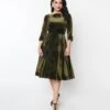 Unique Vintage Deep Olive Green Velvet Faux Bow Devon Swing Dress
