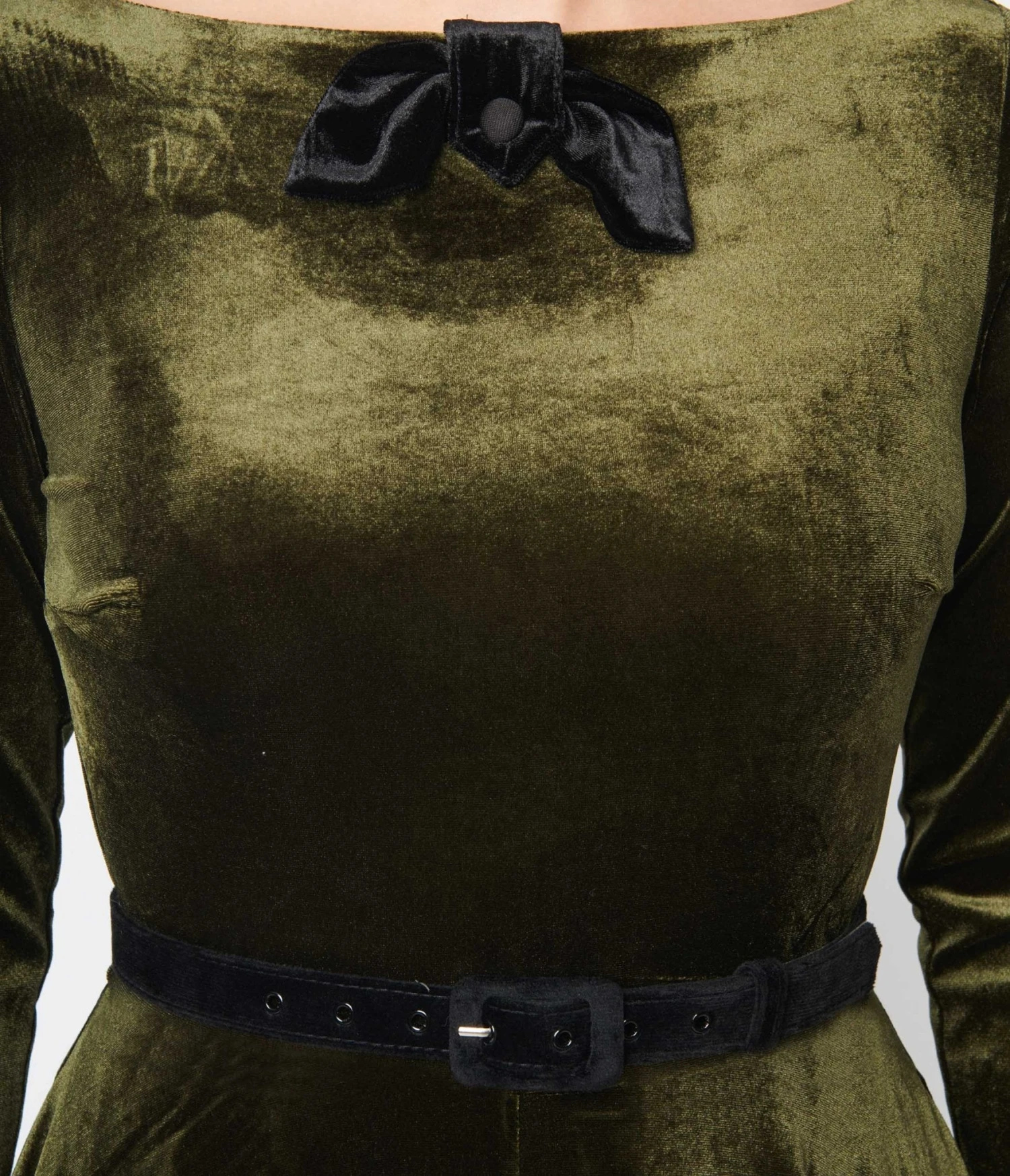 Unique Vintage Deep Olive Green Velvet Faux Bow Devon Swing Dress 2 Unique Vintage Deep Olive Green Velvet Faux Bow Devon Swing Dress - Image 2