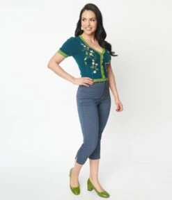 Unique Vintage Denim Mushroom & Daisy Embroidered Rachelle Capri Pants 10 Unique Vintage Denim Mushroom & Daisy Embroidered Rachelle Capri Pants -Pleaser Clothing Store unique vintage denim mushroom daisy embroidered rachelle capri pants 342972