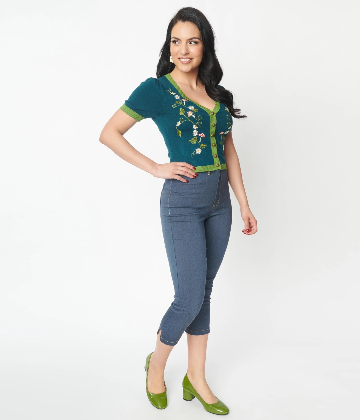 Unique Vintage Denim Mushroom & Daisy Embroidered Rachelle Capri Pants 5 Unique Vintage Denim Mushroom & Daisy Embroidered Rachelle Capri Pants - Image 5