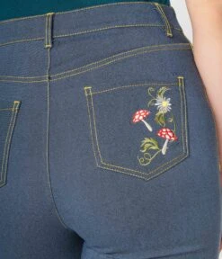Unique Vintage Denim Mushroom & Daisy Embroidered Rachelle Capri Pants 9 Unique Vintage Denim Mushroom & Daisy Embroidered Rachelle Capri Pants -Pleaser Clothing Store unique vintage denim mushroom daisy embroidered rachelle capri pants 514970