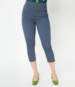 Unique Vintage Denim Mushroom & Daisy Embroidered Rachelle Capri Pants 8 Unique Vintage Denim Mushroom & Daisy Embroidered Rachelle Capri Pants -Pleaser Clothing Store unique vintage denim mushroom daisy embroidered rachelle capri pants 669682