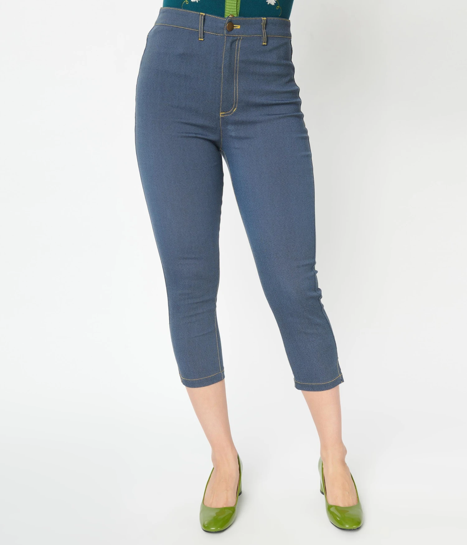 Unique Vintage Denim Mushroom & Daisy Embroidered Rachelle Capri Pants 3 Unique Vintage Denim Mushroom & Daisy Embroidered Rachelle Capri Pants - Image 3