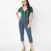 Unique Vintage Denim Mushroom & Daisy Embroidered Rachelle Capri Pants