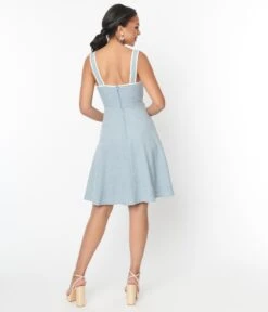 Unique Vintage Dusty Blue Daisy Pinafore Swing Dress -Pleaser Clothing Store unique vintage dusty blue daisy pinafore swing dress 497971