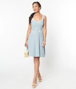 Unique Vintage Dusty Blue Daisy Pinafore Swing Dress -Pleaser Clothing Store unique vintage dusty blue daisy pinafore swing dress 663588