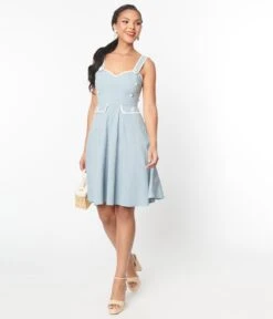 Unique Vintage Dusty Blue Daisy Pinafore Swing Dress -Pleaser Clothing Store unique vintage dusty blue daisy pinafore swing dress 793810