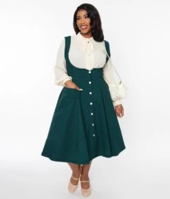 Unique Vintage Emerald & Black Gingham Button Suspender Swing Skirt -Pleaser Clothing Store unique vintage emerald black gingham button suspender swing skirt 555859