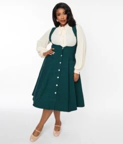 Unique Vintage Emerald & Black Gingham Button Suspender Swing Skirt -Pleaser Clothing Store unique vintage emerald black gingham button suspender swing skirt 733943