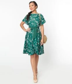 Unique Vintage Emerald Leaf Swing Dress -Pleaser Clothing Store unique vintage emerald leaf swing dress 187130