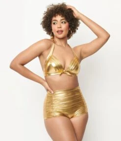 Unique Vintage Gold Monroe High Waist Swim Bottom -Pleaser Clothing Store unique vintage gold monroe high waist swim bottom 370359