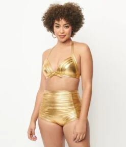 Unique Vintage Gold Monroe High Waist Swim Bottom -Pleaser Clothing Store unique vintage gold monroe high waist swim bottom 761398