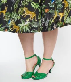 Unique Vintage Green Crocodile Peep Toe Heels