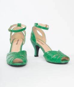 Unique Vintage Green Crocodile Peep Toe Heels -Pleaser Clothing Store unique vintage green crocodile peep toe heels 949468