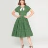 Unique Vintage Green & Ivory Black Dot Swing Dress