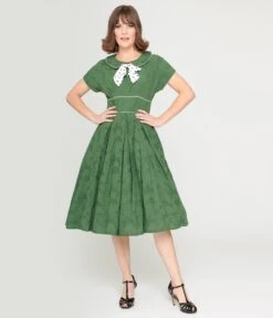 Unique Vintage Green & Ivory Black Dot Swing Dress