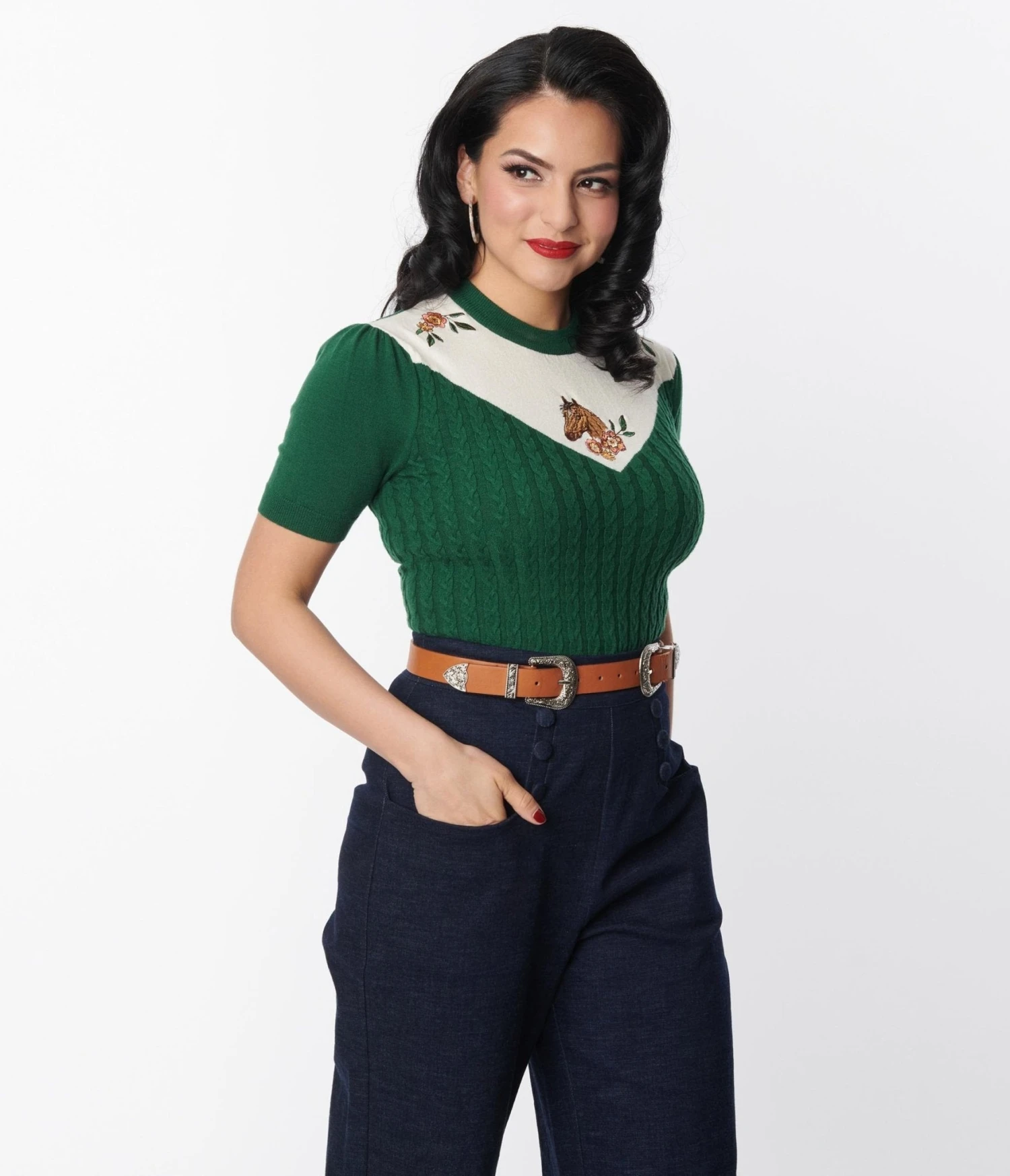 Unique Vintage Green & Ivory Western Floral Embroidered Park City Sweater 1 Unique Vintage Green & Ivory Western Floral Embroidered Park City Sweater