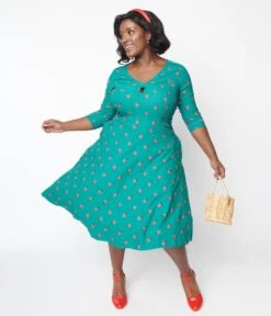 Unique Vintage Green Ladybug & Pin Dot Keyhole Neck Swing Dress -Pleaser Clothing Store unique vintage green ladybug pin dot keyhole neck swing dress 385197