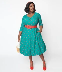 Unique Vintage Green Ladybug & Pin Dot Keyhole Neck Swing Dress -Pleaser Clothing Store unique vintage green ladybug pin dot keyhole neck swing dress 794314