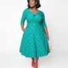 Unique Vintage Green Ladybug & Pin Dot Keyhole Neck Swing Dress