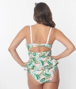 Unique Vintage Green & Pink Monstera Leaf Daphne Swim Bottoms -Pleaser Clothing Store unique vintage green pink monstera leaf daphne swim bottoms 225583