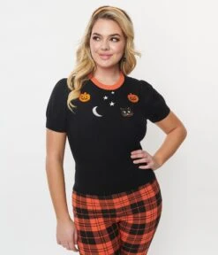 Unique Vintage Halloween Cable Embroidered Sweater -Pleaser Clothing Store unique vintage halloween cable embroidered sweater 255502