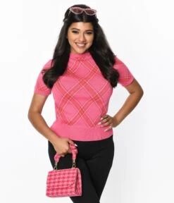 Unique Vintage Hot Pink Bias Plaid Short Sleeve Sweater -Pleaser Clothing Store unique vintage hot pink bias plaid short sleeve sweater 772685
