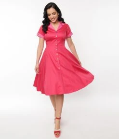Unique Vintage Hot Pink Contrast Venus Swing Dress