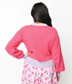 Unique Vintage Hot Pink & Lavender Pin Dot Cherry Cropped Cardigan -Pleaser Clothing Store unique vintage hot pink lavender pin dot cherry cropped cardigan 273301