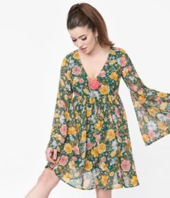 Unique Vintage Hunter Green Floral Empire Waist Dress -Pleaser Clothing Store unique vintage hunter green floral empire waist 461106