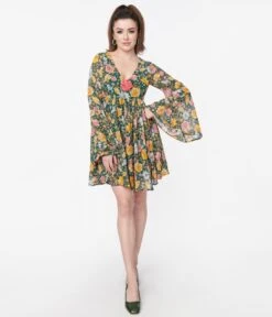 Unique Vintage Hunter Green Floral Empire Waist Dress -Pleaser Clothing Store unique vintage hunter green floral empire waist 992383