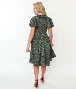 Unique Vintage Hunter Green & Rust Polka Dot Swing Dress -Pleaser Clothing Store unique vintage hunter green rust polka dot swing dress 318830