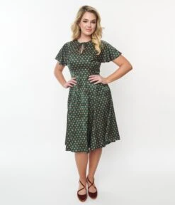 Unique Vintage Hunter Green & Rust Polka Dot Swing Dress -Pleaser Clothing Store unique vintage hunter green rust polka dot swing dress 377575
