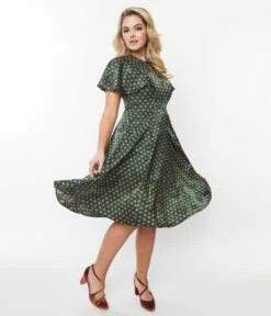 Unique Vintage Hunter Green & Rust Polka Dot Swing Dress